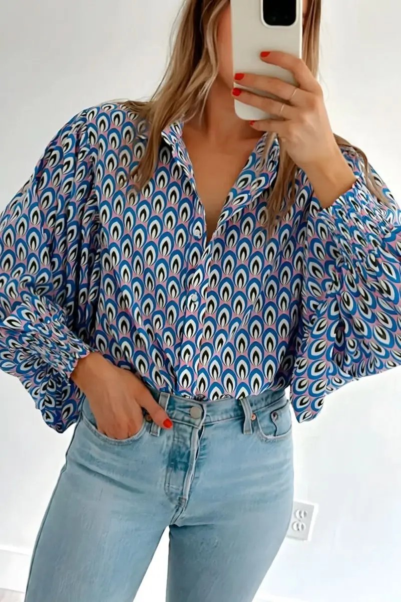 Tops/Blouses & Shirts Love Salve Sky Blue Abstract Oversized Shirt Women's Button-Up Top: Shirred Cuffs, Spring Style