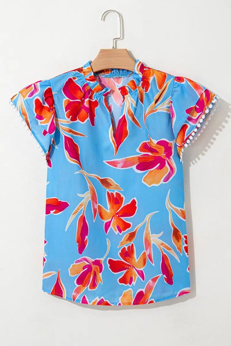 Women's Blouse Floral Blouse - V-Neck Flutter Sleeve - Sky Blue Summer Top