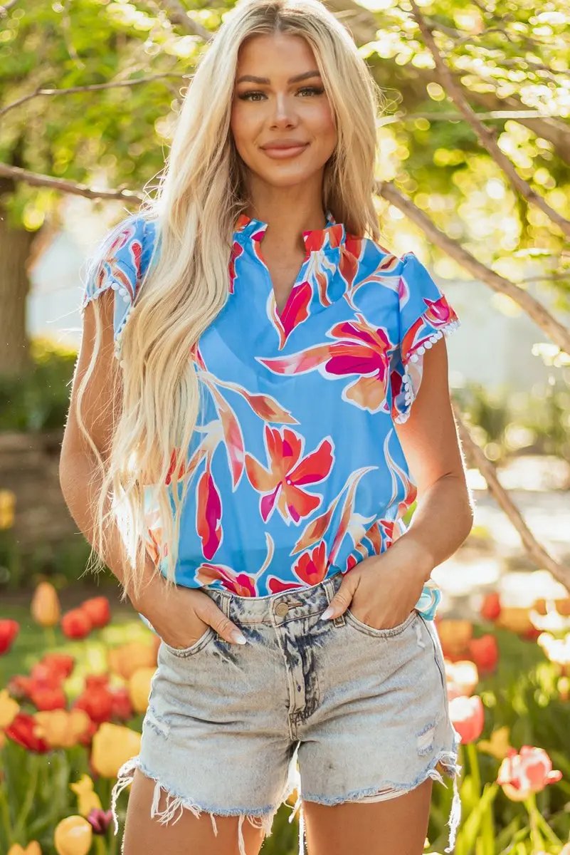 Women's Blouse Floral Blouse - V-Neck Flutter Sleeve - Sky Blue Summer Top