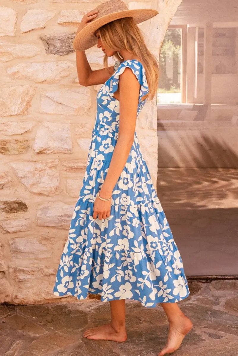 Dresses Love Salve Sky Blue Floral Vacation Dress Women's Flowy Tiered Summer Dress