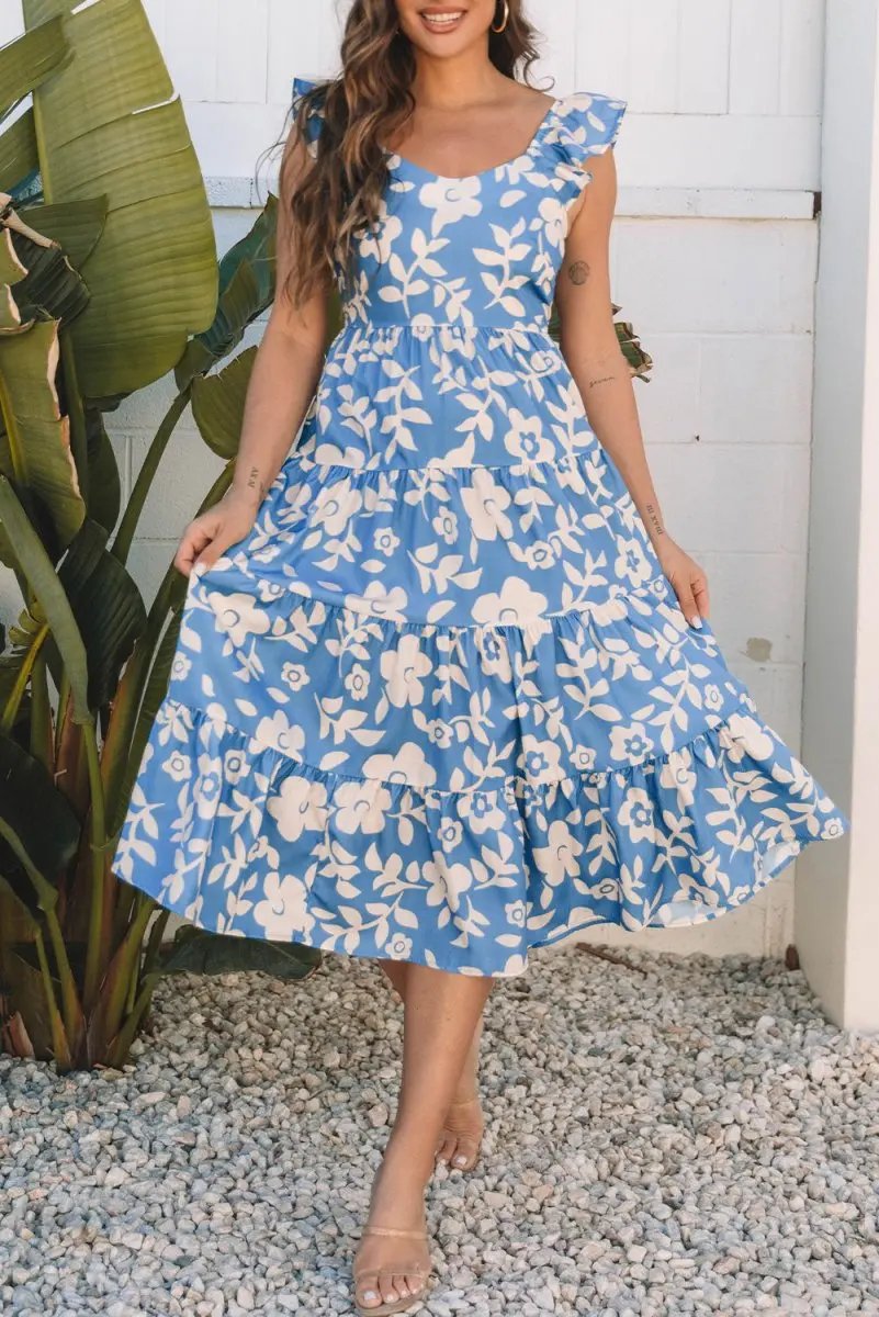 Dresses Love Salve Sky Blue Floral Vacation Dress Women's Flowy Tiered Summer Dress