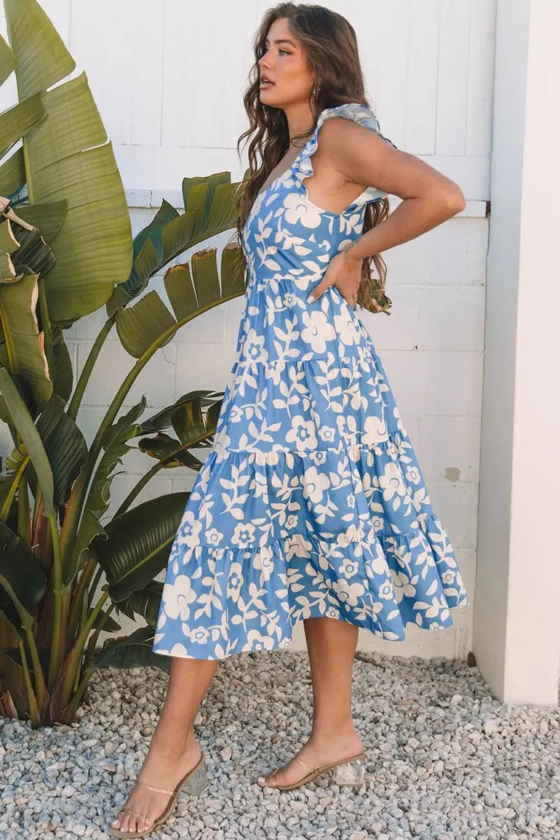 Dresses Love Salve Sky Blue Floral Vacation Dress Women's Flowy Tiered Summer Dress