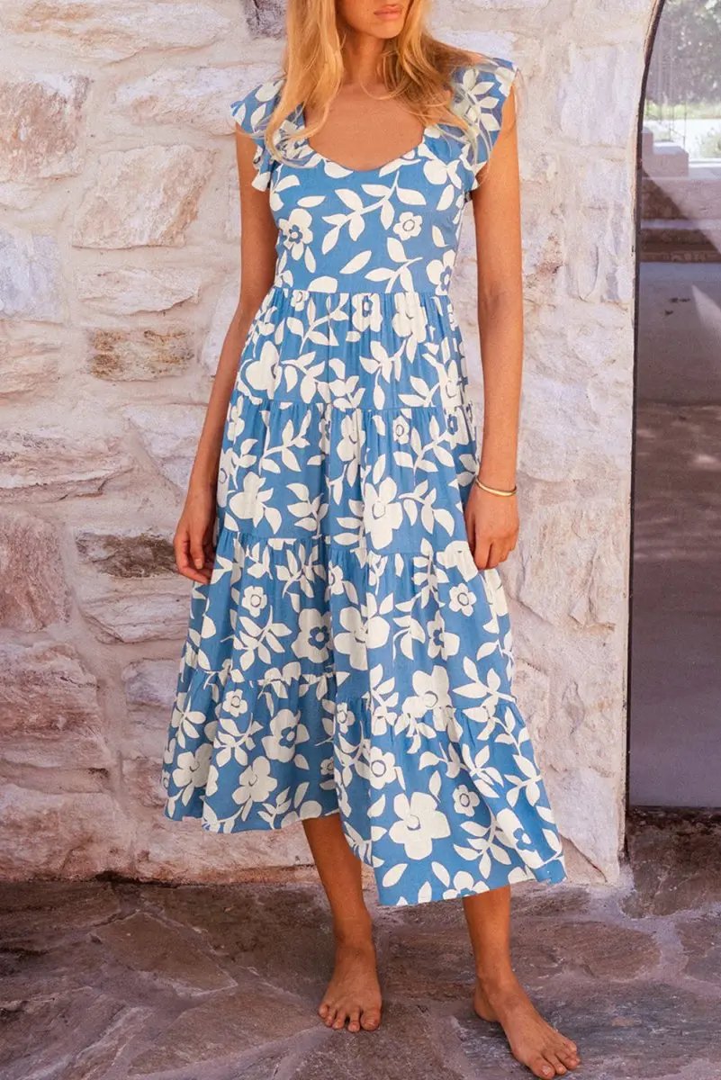 Dresses Love Salve Sky Blue Floral Vacation Dress Women's Flowy Tiered Summer Dress