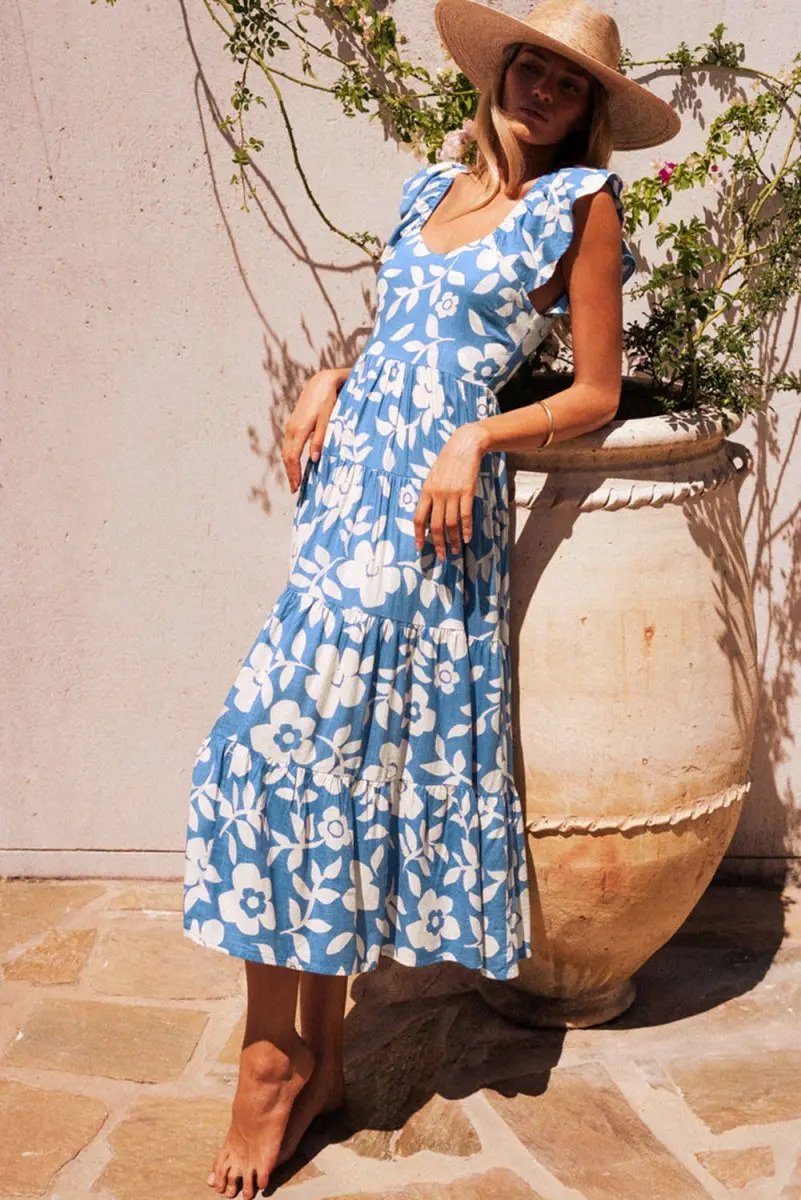Dresses Love Salve Sky Blue Floral Vacation Dress Women's Flowy Tiered Summer Dress