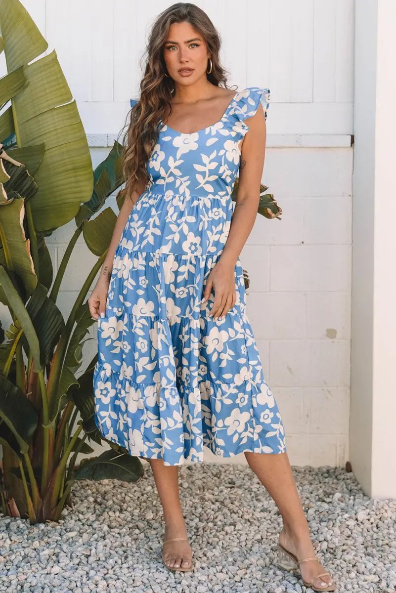 Dresses Love Salve Sky Blue Floral Vacation Dress Women's Flowy Tiered Summer Dress