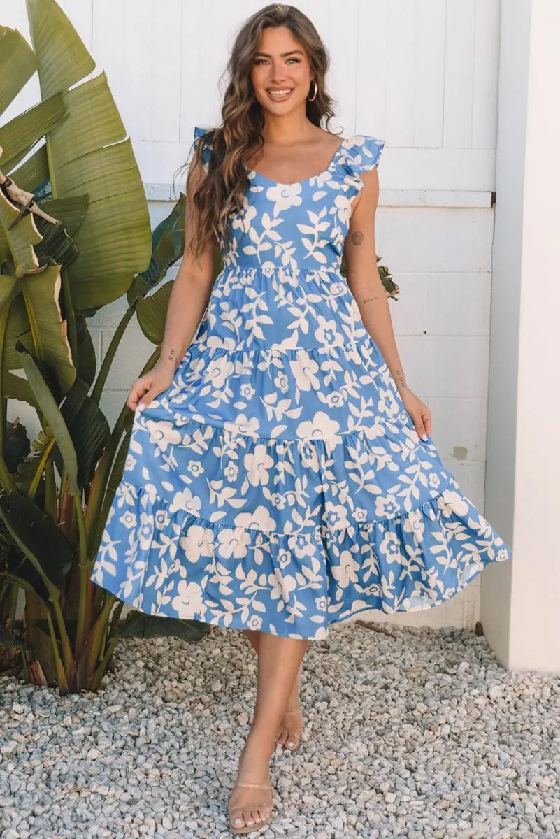 Dresses Love Salve Sky Blue Floral Vacation Dress Women's Flowy Tiered Summer Dress