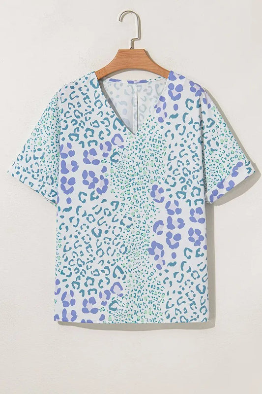 Blusa de mujer - Cuello en V con estampado de leopardo azul cielo - Top diario de verano