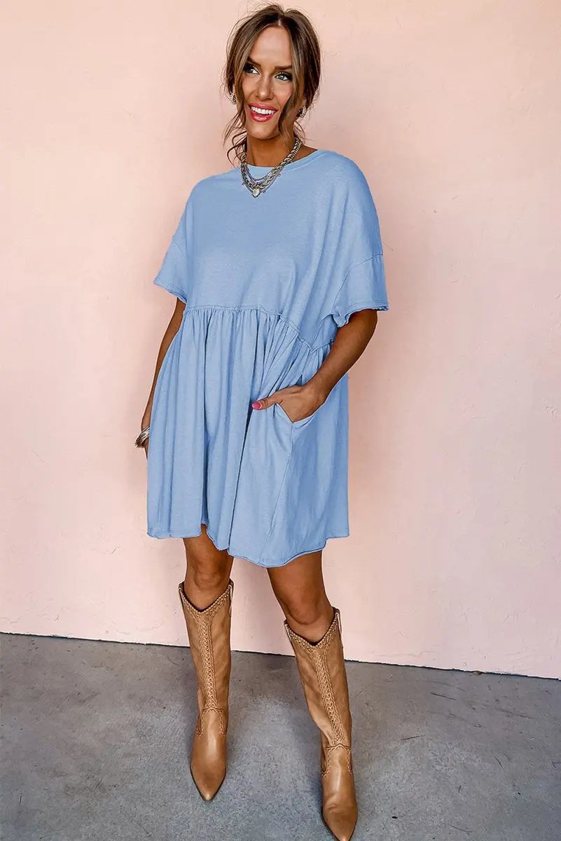 Dresses Love Salve Sky Blue Babydoll Dress Women's Casual Summer Mini Dress Pocketed, Raw Edge