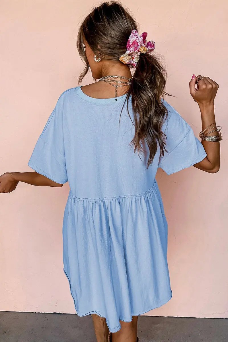 Dresses Love Salve Sky Blue Babydoll Dress Women's Casual Summer Mini Dress Pocketed, Raw Edge