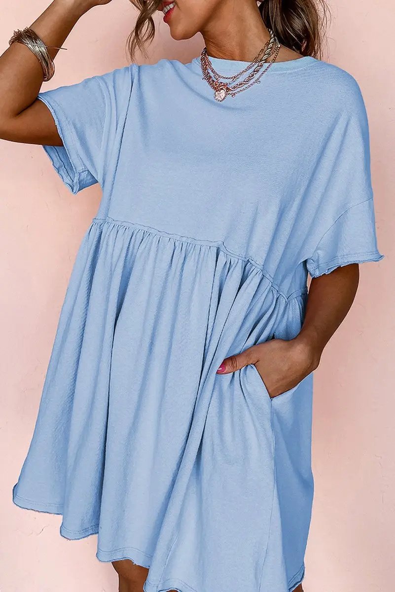 Dresses Love Salve Sky Blue Babydoll Dress Women's Casual Summer Mini Dress Pocketed, Raw Edge