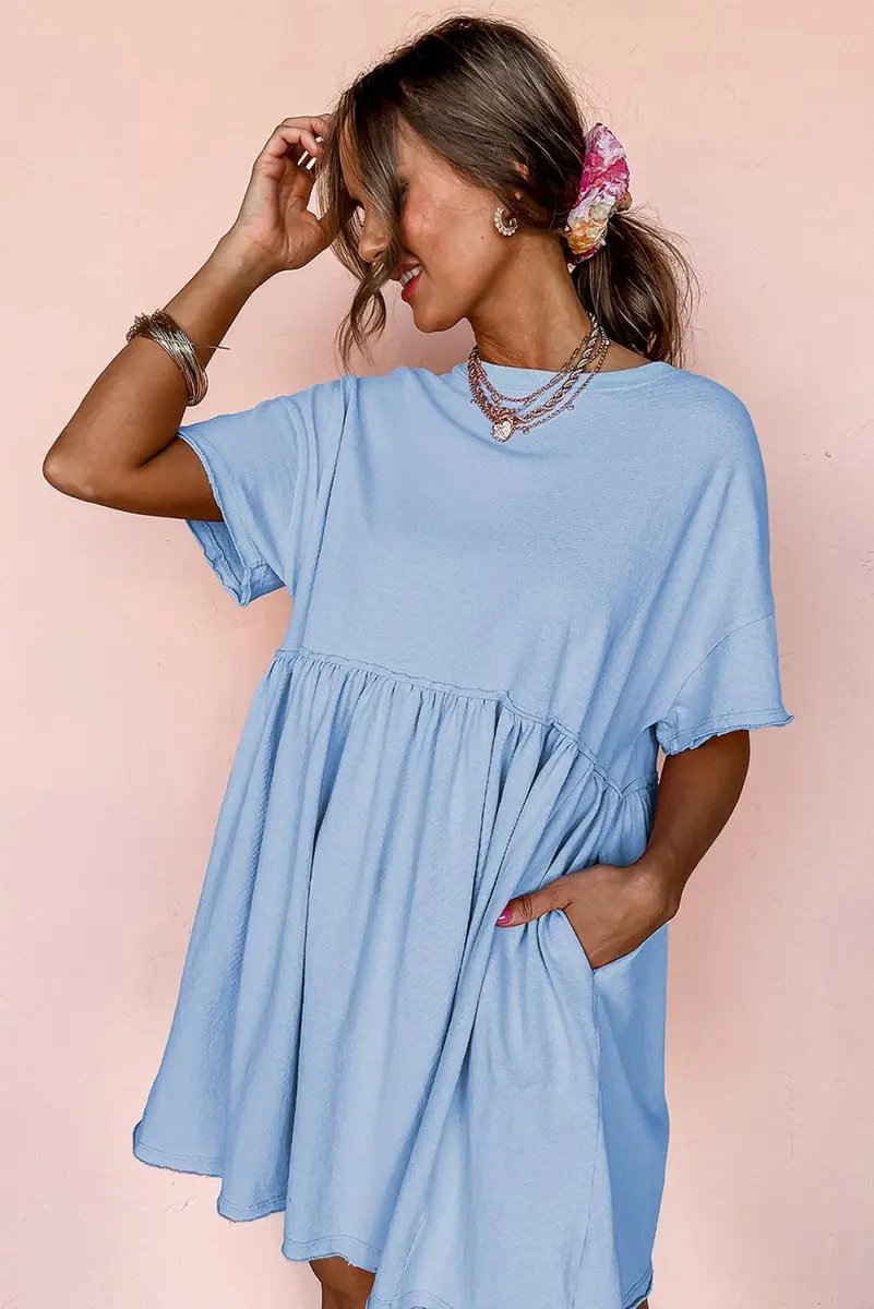 Dresses Love Salve Sky Blue Babydoll Dress Women's Casual Summer Mini Dress Pocketed, Raw Edge
