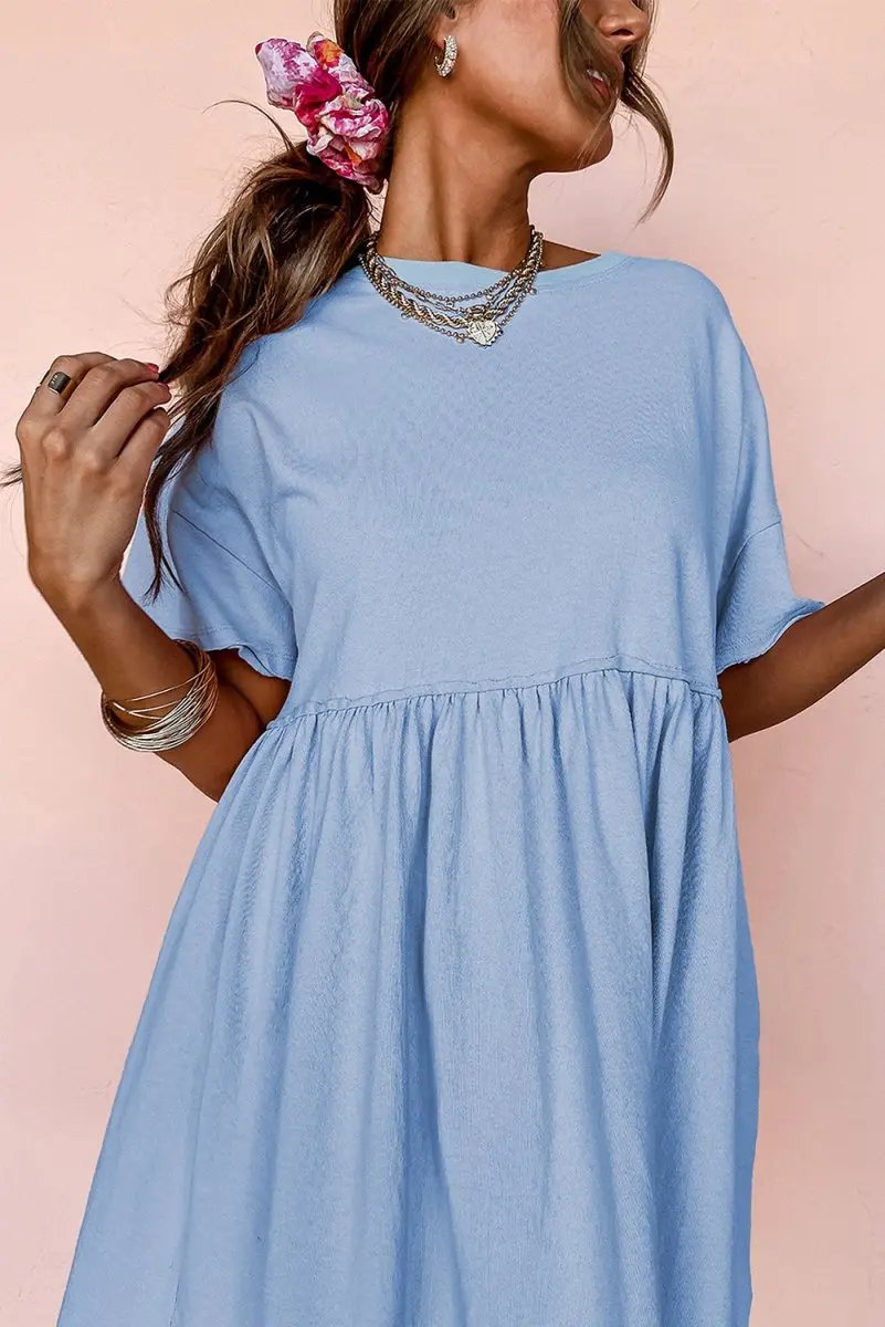 Dresses Love Salve Sky Blue Babydoll Dress Women's Casual Summer Mini Dress Pocketed, Raw Edge
