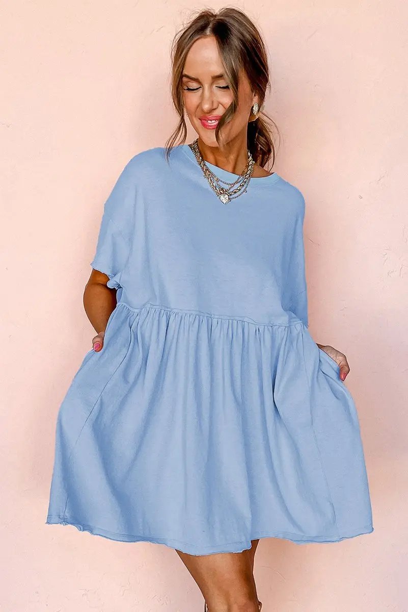 Dresses Love Salve Sky Blue Babydoll Dress Women's Casual Summer Mini Dress Pocketed, Raw Edge