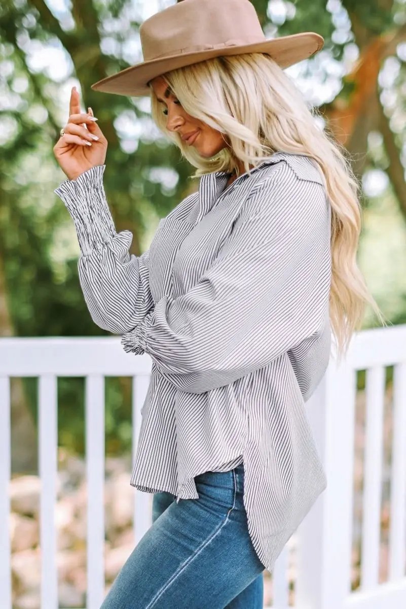 Pants Love Salve Smocked Striped Shirt Women's Casual Boyfriend Top: Cuffed Sleeves