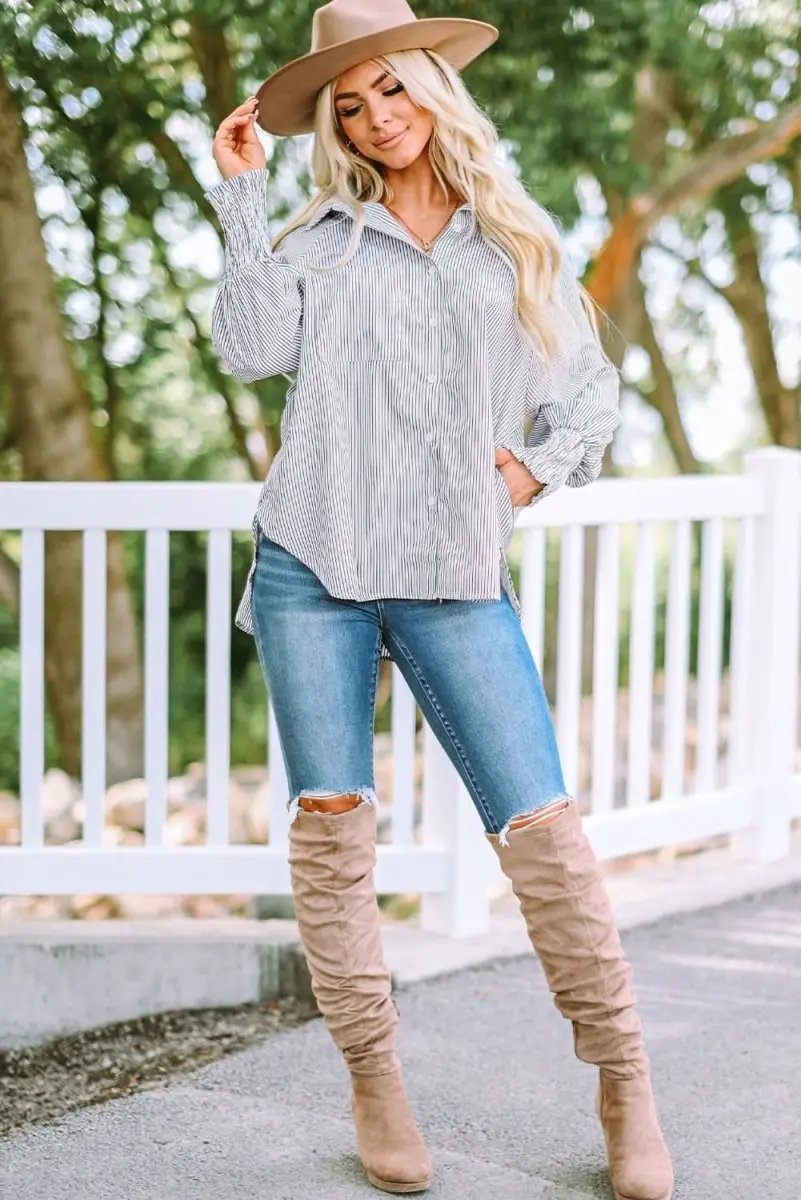Pants Love Salve Smocked Striped Shirt Women's Casual Boyfriend Top: Cuffed Sleeves
