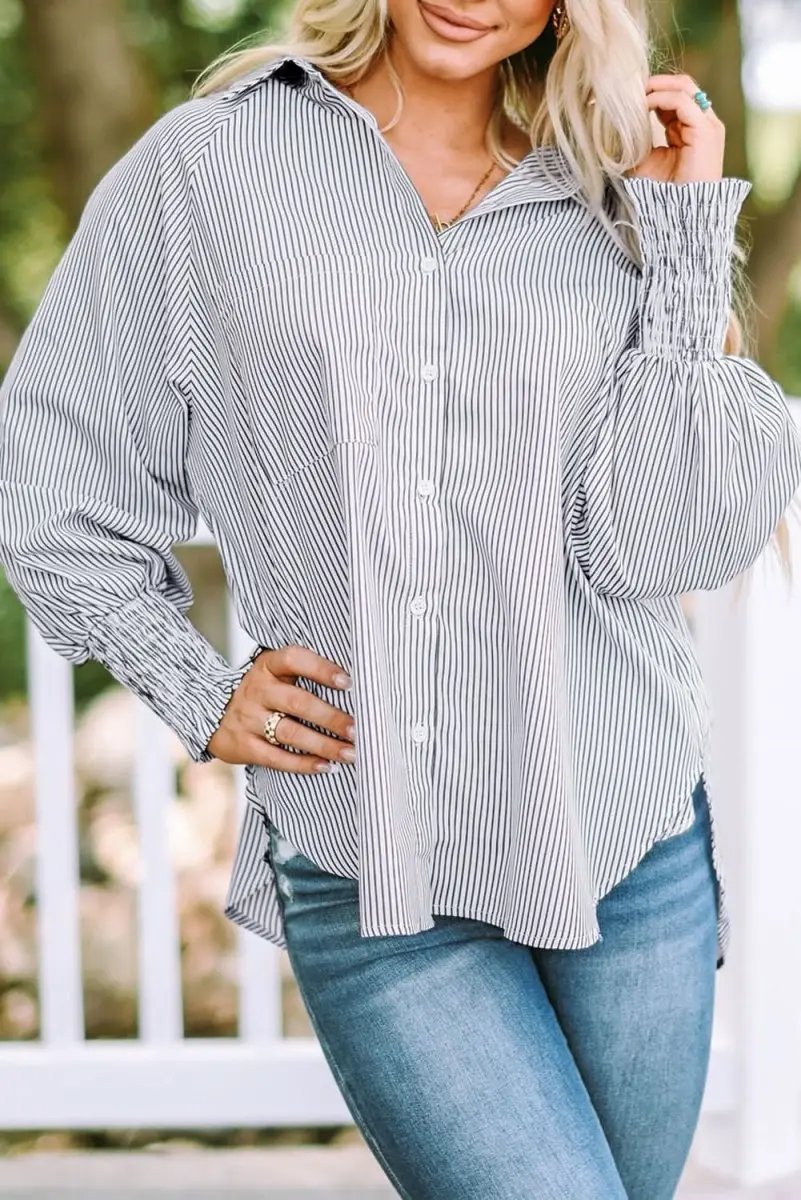 Pants Love Salve Smocked Striped Shirt Women's Casual Boyfriend Top: Cuffed Sleeves