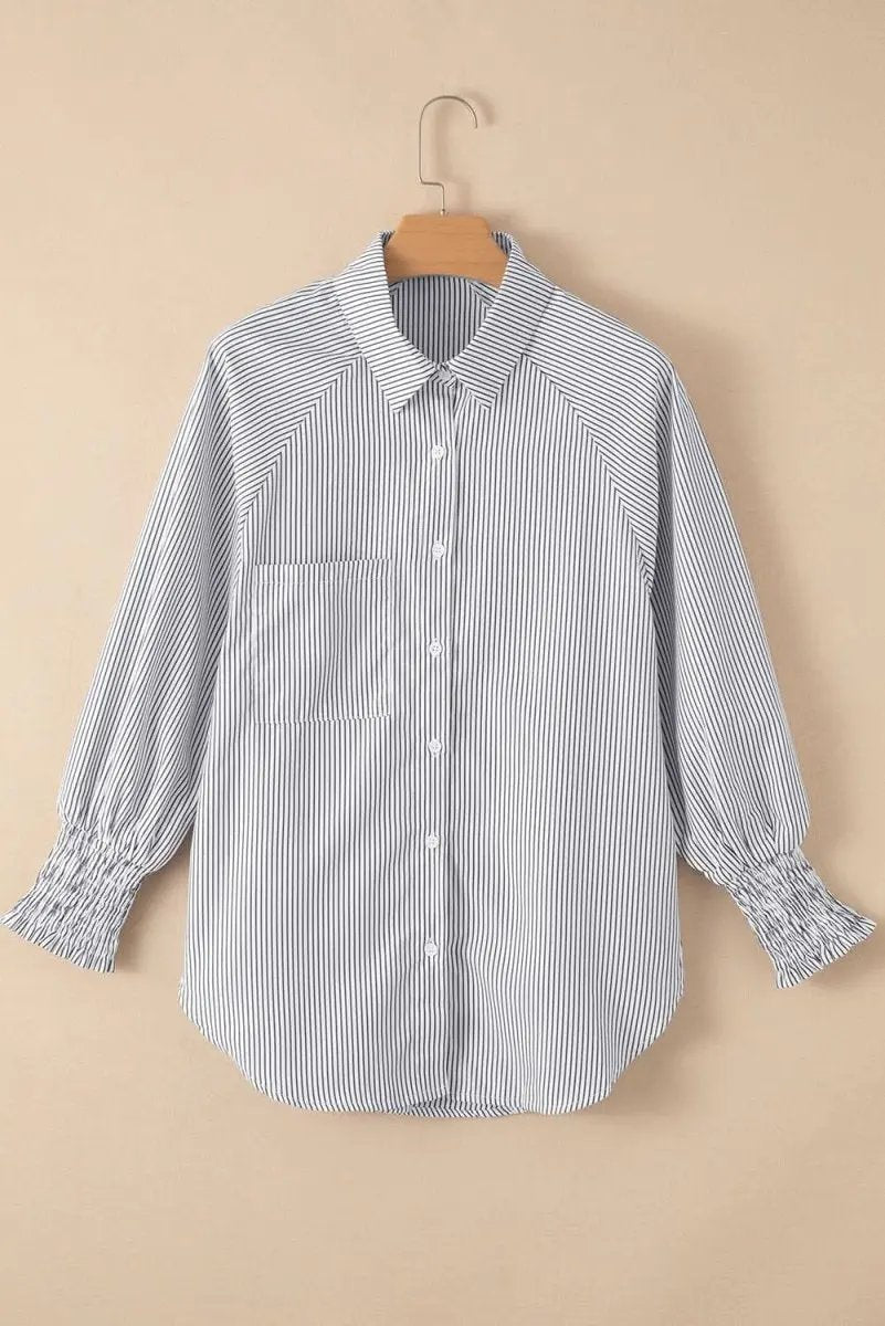 Pants Love Salve Smocked Striped Shirt Women's Casual Boyfriend Top: Cuffed Sleeves