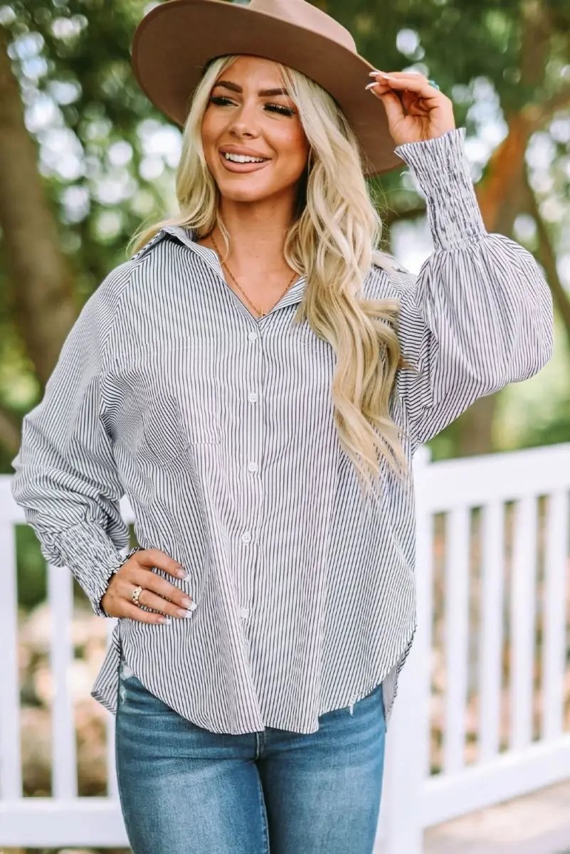 Pants Love Salve Smocked Striped Shirt Women's Casual Boyfriend Top: Cuffed Sleeves