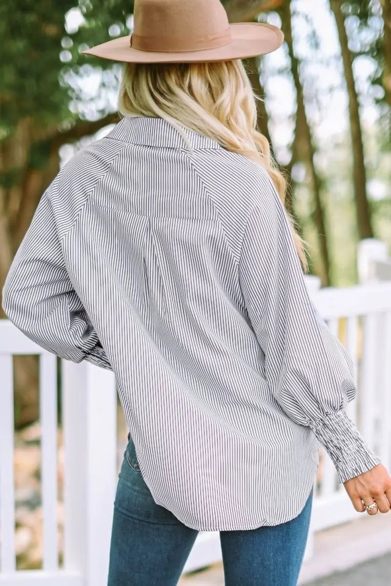 Pants Love Salve Smocked Striped Shirt Women's Casual Boyfriend Top: Cuffed Sleeves