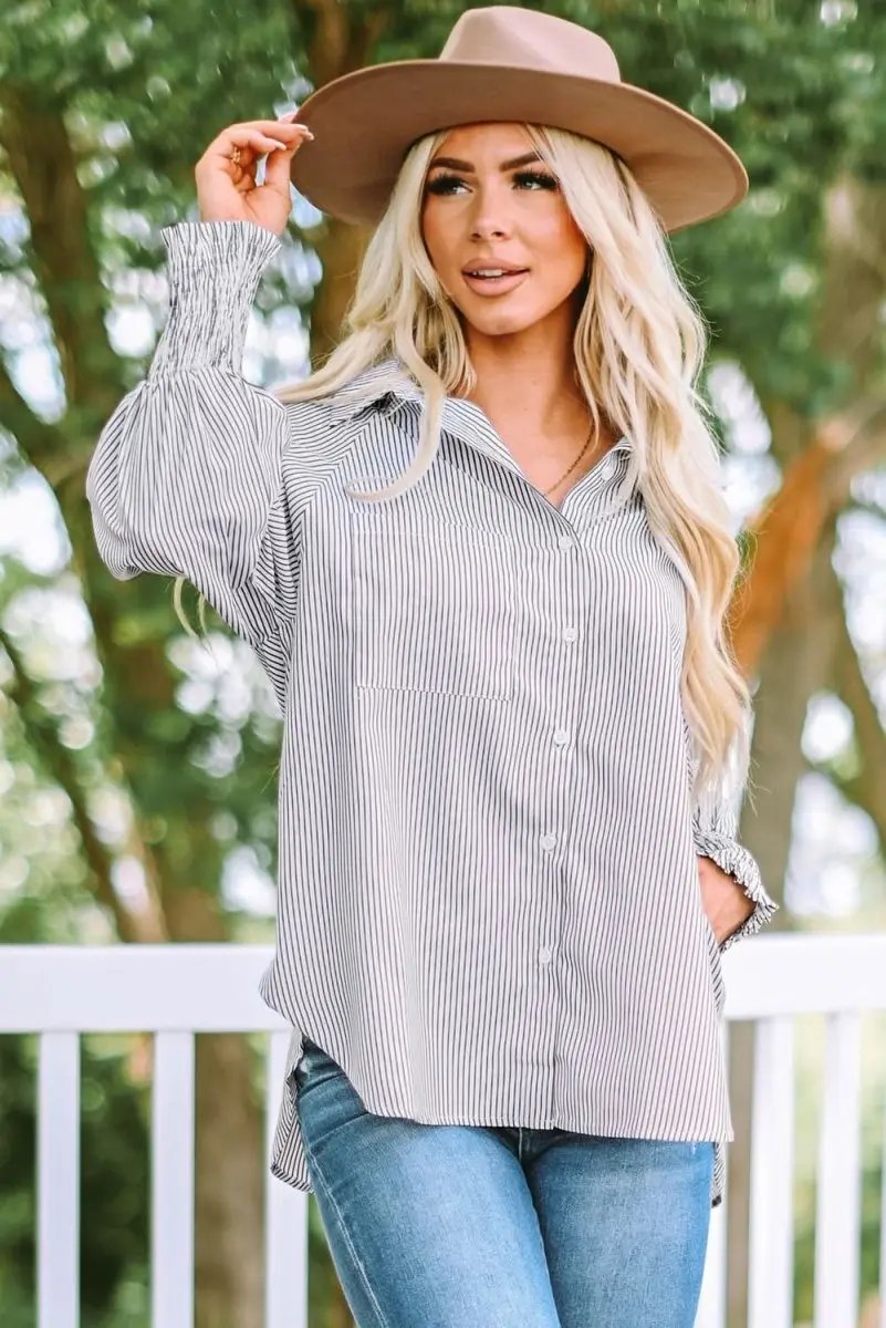 Pants Love Salve Smocked Striped Shirt Women's Casual Boyfriend Top: Cuffed Sleeves