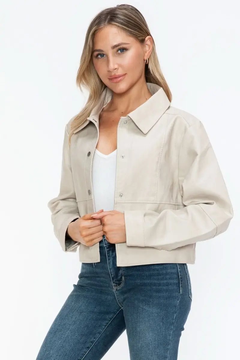 Jackets Trendsi PU Leather Jacket Women's Snap Down Long Sleeve Outerwear Chic & Stylish