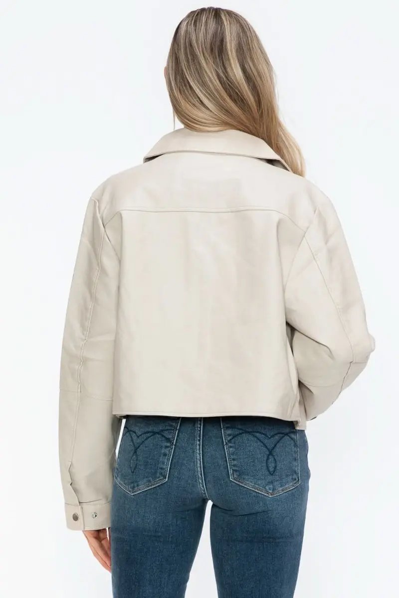 Jackets Trendsi PU Leather Jacket Women's Snap Down Long Sleeve Outerwear Chic & Stylish