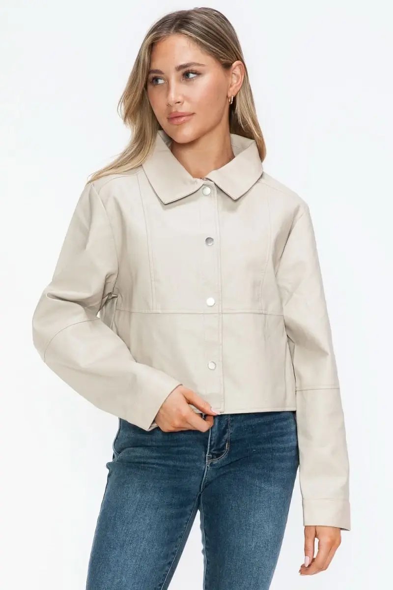 Jackets Trendsi PU Leather Jacket Women's Snap Down Long Sleeve Outerwear Chic & Stylish