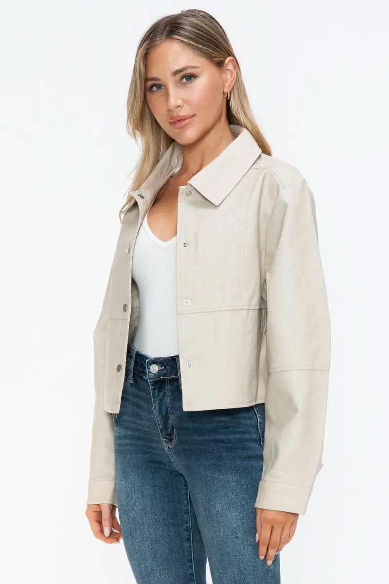 Jackets Trendsi PU Leather Jacket Women's Snap Down Long Sleeve Outerwear Chic & Stylish