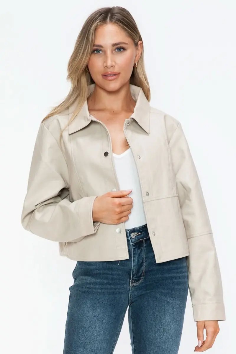 Jackets Trendsi PU Leather Jacket Women's Snap Down Long Sleeve Outerwear Chic & Stylish