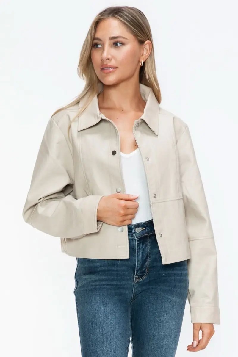 Jackets Trendsi PU Leather Jacket Women's Snap Down Long Sleeve Outerwear Chic & Stylish