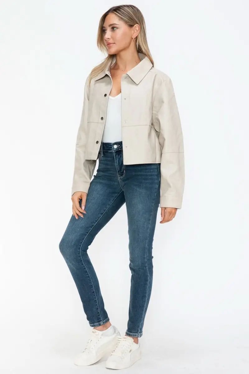 Jackets Trendsi PU Leather Jacket Women's Snap Down Long Sleeve Outerwear Chic & Stylish