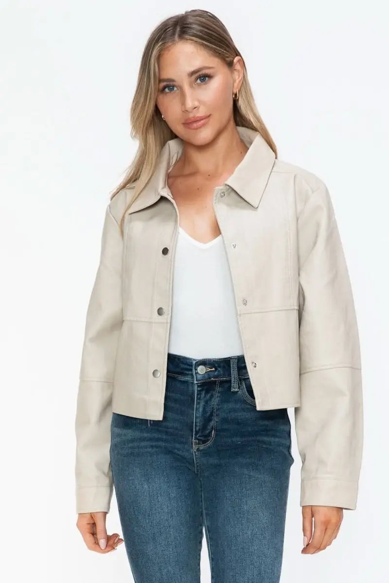 Jackets Trendsi PU Leather Jacket Women's Snap Down Long Sleeve Outerwear Chic & Stylish