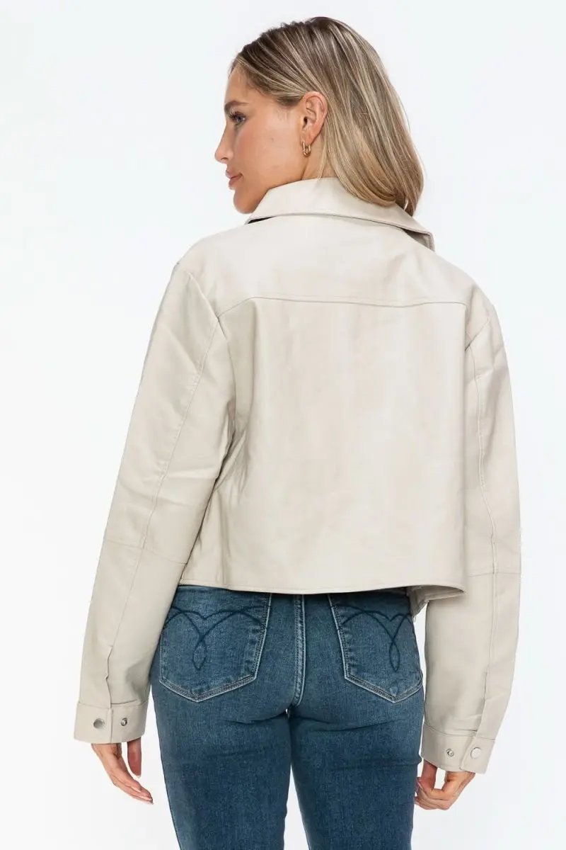 Jackets Trendsi PU Leather Jacket Women's Snap Down Long Sleeve Outerwear Chic & Stylish