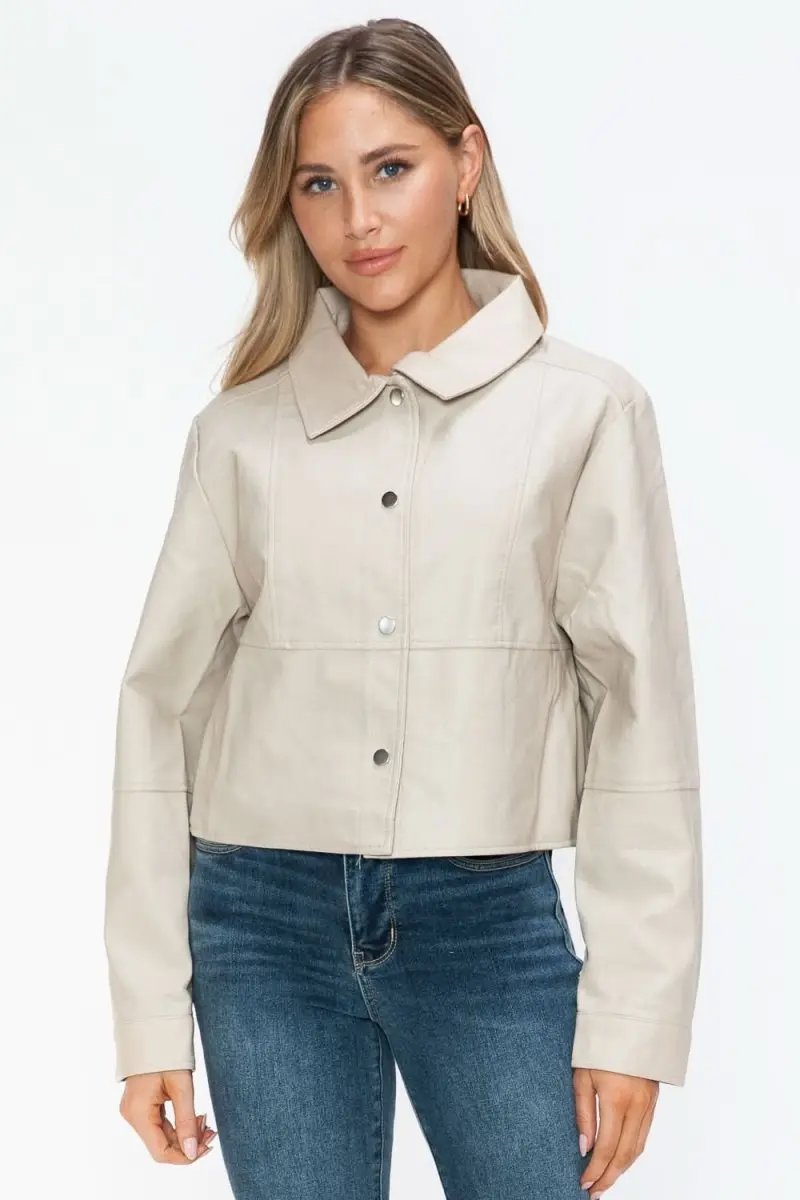 Jackets Trendsi PU Leather Jacket Women's Snap Down Long Sleeve Outerwear Chic & Stylish