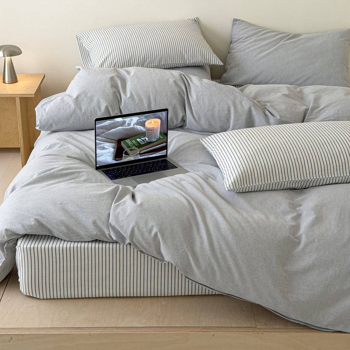 Light Gray Striped Cotton Duvet Cover Set