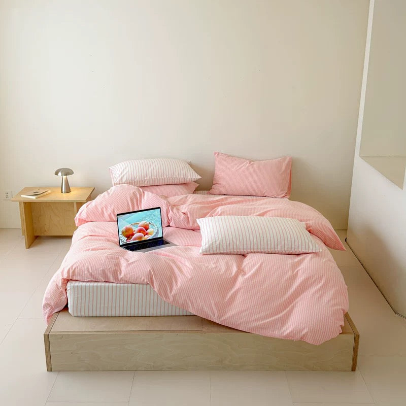 Light Gray Striped Cotton Duvet Cover Set