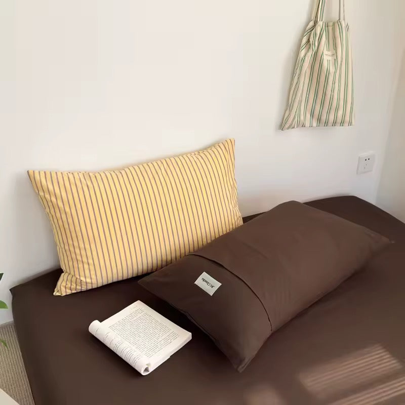 Yellow & Brown Striped Cotton Bedding Set