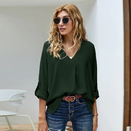 Solid Color Loose Pullover Shirt - # WOAA21510021-PRG