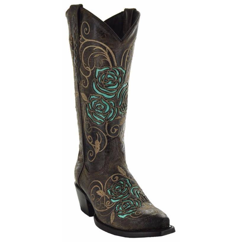 Botas vaqueras de mujer con incrustaciones de rosa turquesa (M50032)