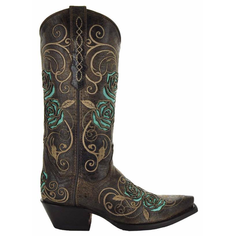 Botas vaqueras de mujer con incrustaciones de rosa turquesa (M50032)