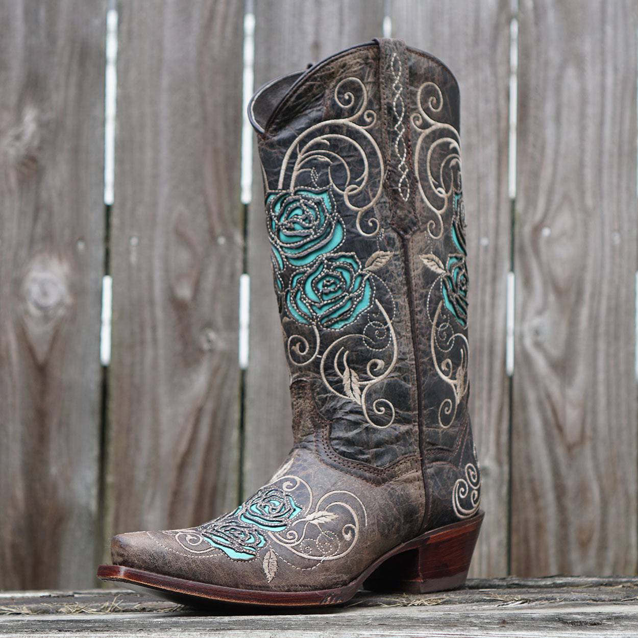 Botas vaqueras de mujer con incrustaciones de rosa turquesa (M50032)