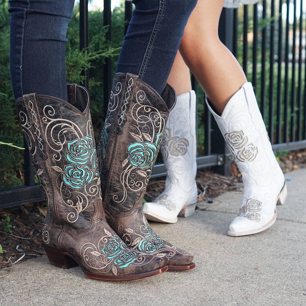 Botas vaqueras de mujer con incrustaciones de rosa turquesa (M50032)