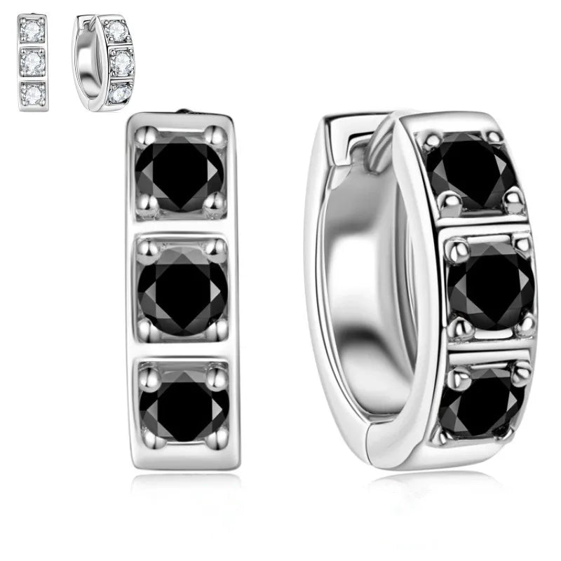 Square-Set Three-Stone Moissanite Hoop Earrings, White or Black