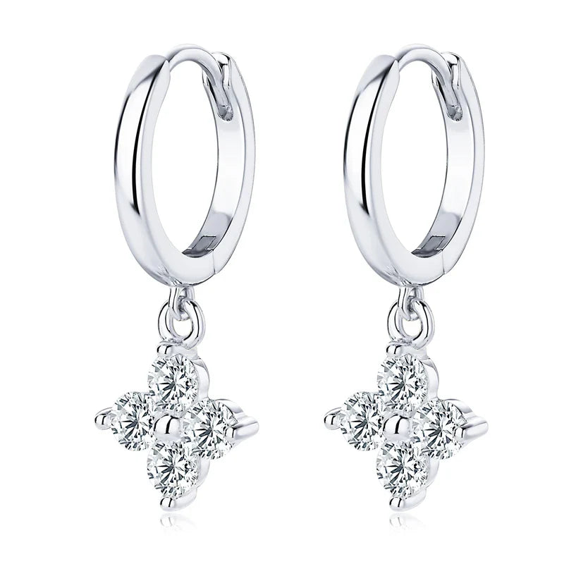 Sterling Silver 925 3mm Moissanite Four-Leaf Clover Hoop Dangle Earrings Women