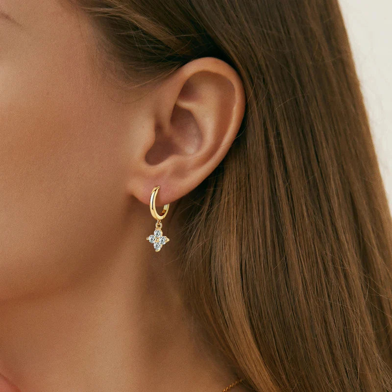 Sterling Silver 925 3mm Moissanite Four-Leaf Clover Hoop Dangle Earrings Women