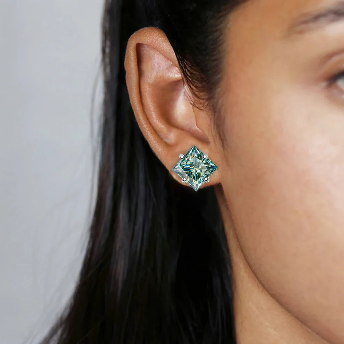 Sterling Silver 925 Green Princess Cut Moissanite Stud Earrings For Women