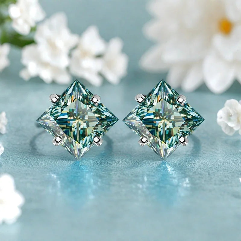 Sterling Silver 925 Green Princess Cut Moissanite Stud Earrings For Women