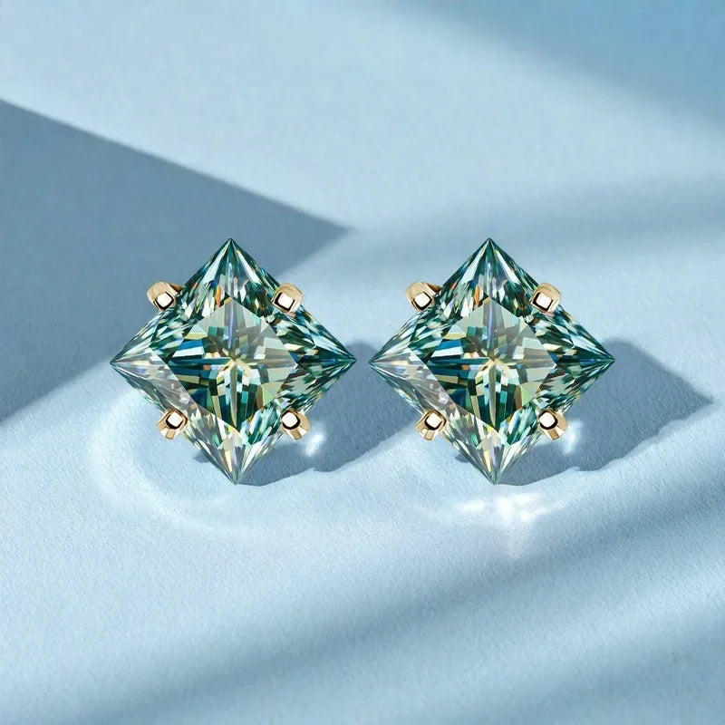 Sterling Silver 925 Green Princess Cut Moissanite Stud Earrings For Women