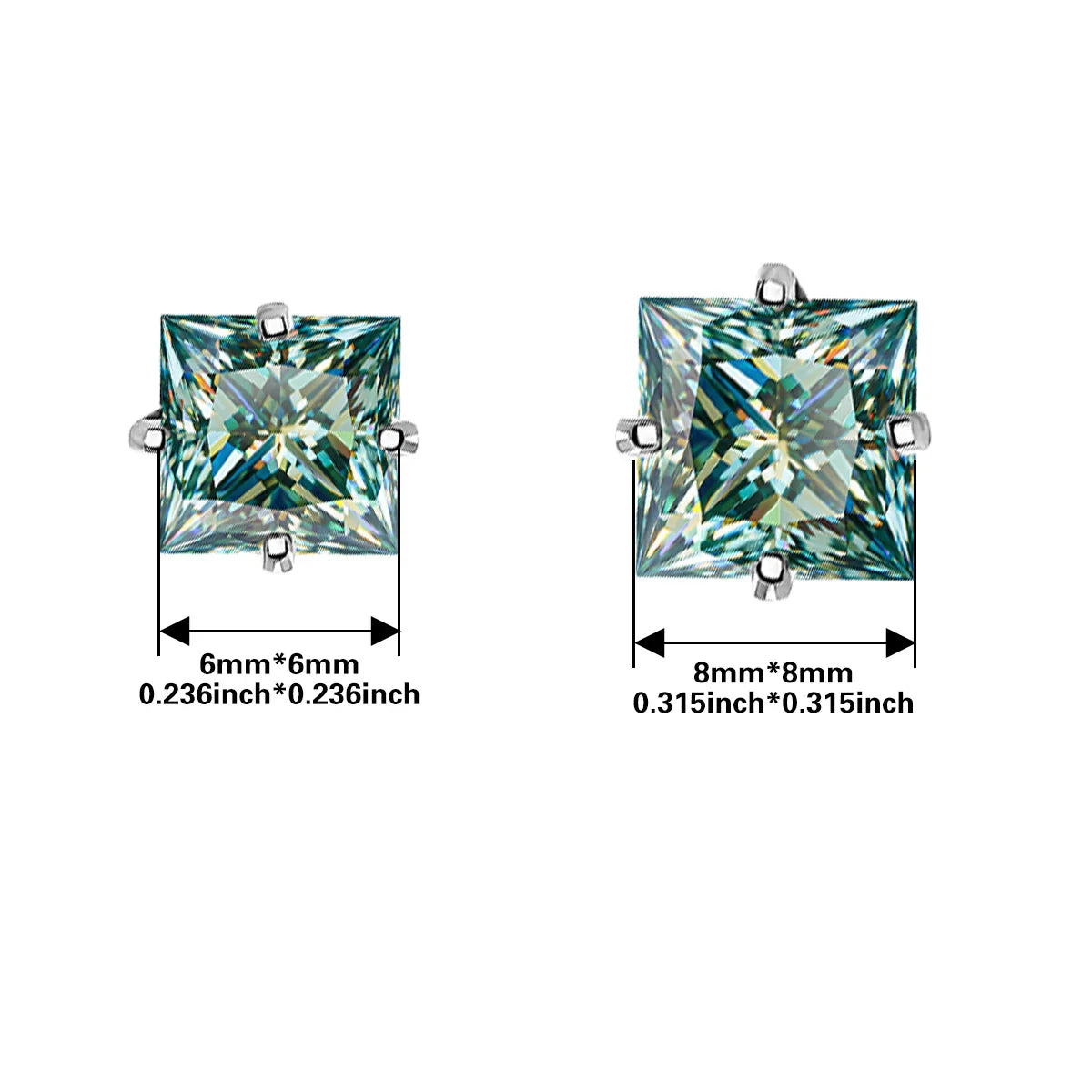 Sterling Silver 925 Green Princess Cut Moissanite Stud Earrings For Women