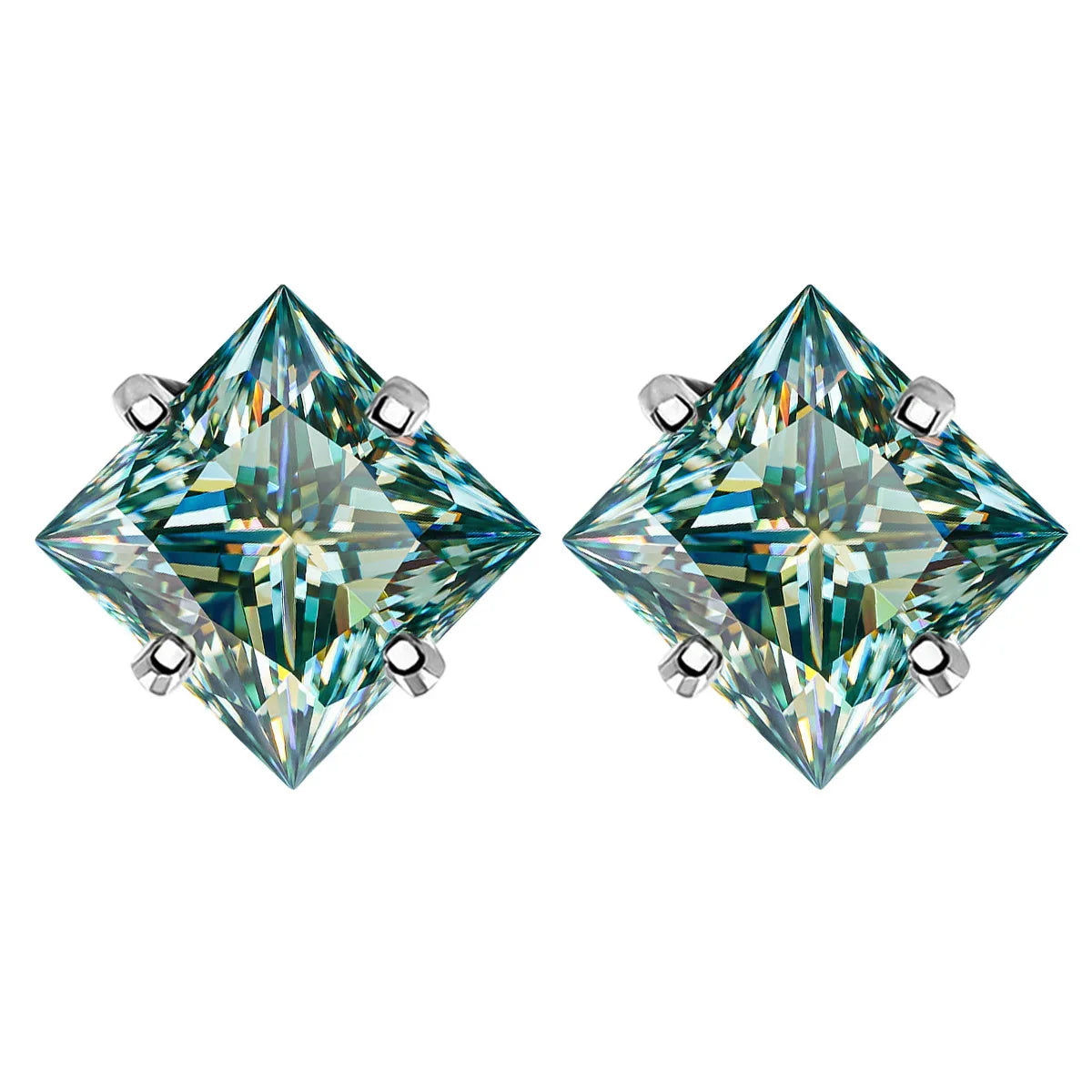 Sterling Silver 925 Green Princess Cut Moissanite Stud Earrings For Women